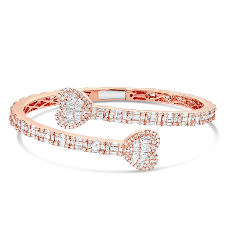 Bangles With Nature Inspired Designs-14K Gold 4.76ct Baguette Diamond Heart Eternity Bangle