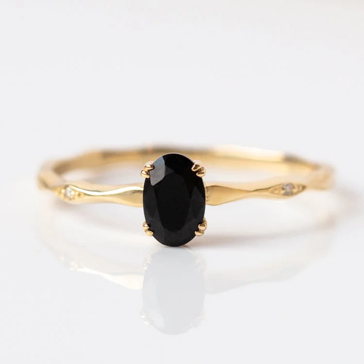 Simple Gold Rings For Everyday Glam-14k Black Agate and Diamond Ring