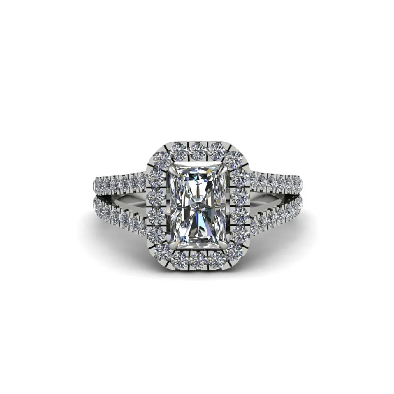 Silver Cocktail Rings For Bold Glam-Radiant Cut Diamond Halo Split Shank Engagement Ring - Lainey No. 3