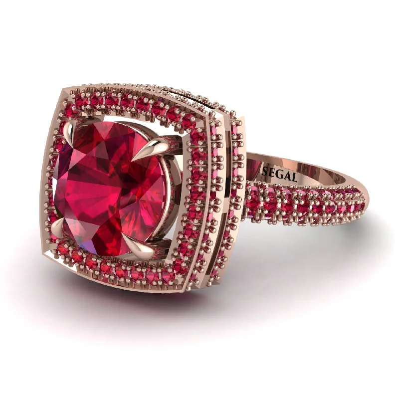 Sparkling Ruby Rings For Engagement-Round Ruby Double Halo Engagement Ring - Kayleigh No. 56