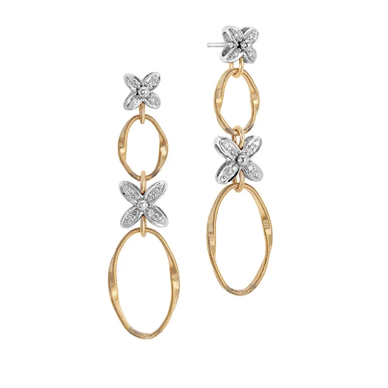 Vintage Pearl Earrings For Timeless Elegance-18K Yellow and White Gold Double Drop Earrings with Diamond Flowers