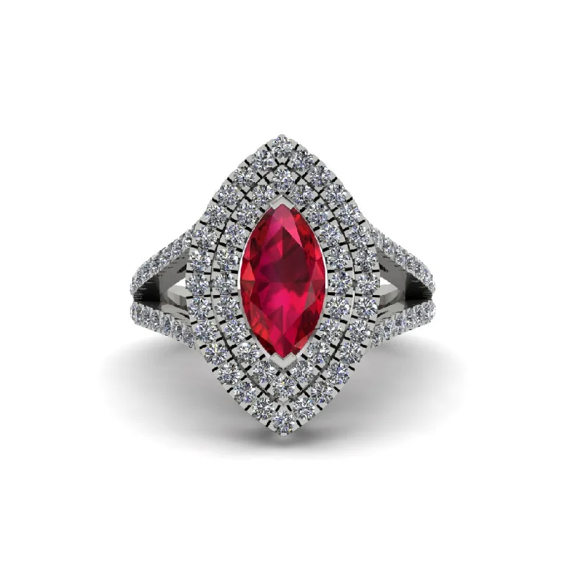 Men’s Silver Rings For Everyday Wear-Marquise Ruby Double Halo Engagement Ring - Avah No. 12