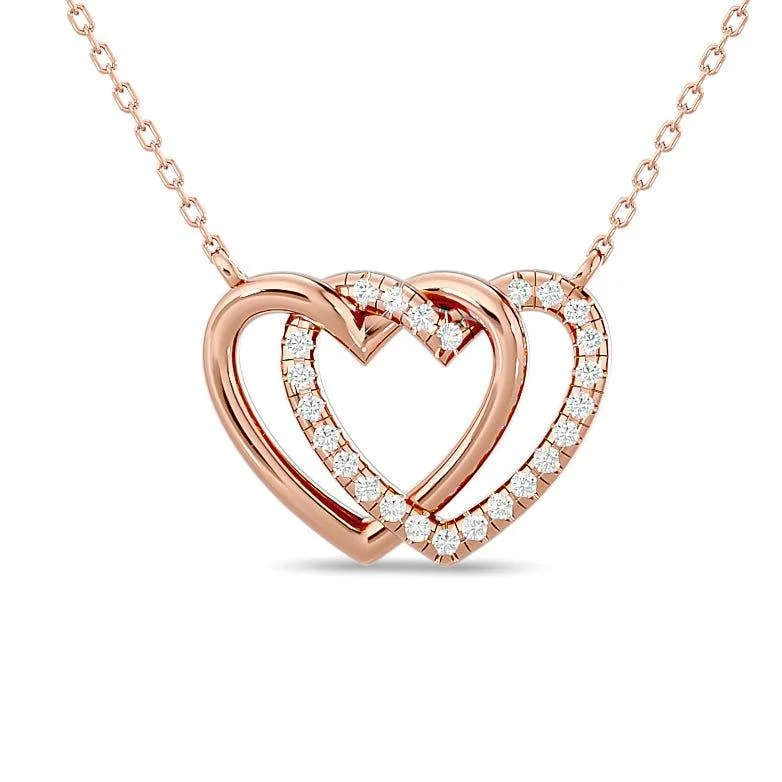 Elegant Gemstone Necklaces For Weddings-Diamond Duel Heart Fashion Necklace 1/8 ct tw in 10K Rose Gold