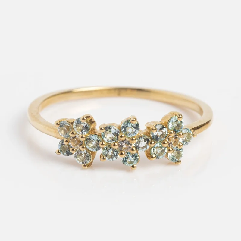 Custom Vintage Rings For Bold Fashion-Solid Gold Blue Topaz Flower Trio Ring