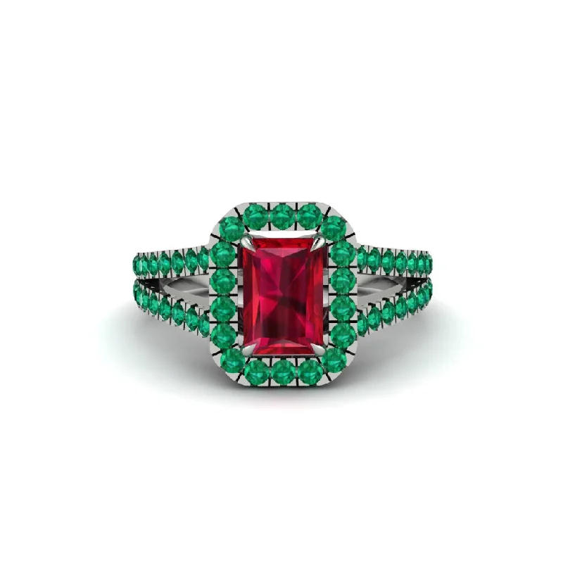 Trendy Statement Rings For Fashion Lovers-Radiant Cut Ruby Halo Split Shank Engagement Ring - Lainey No. 27