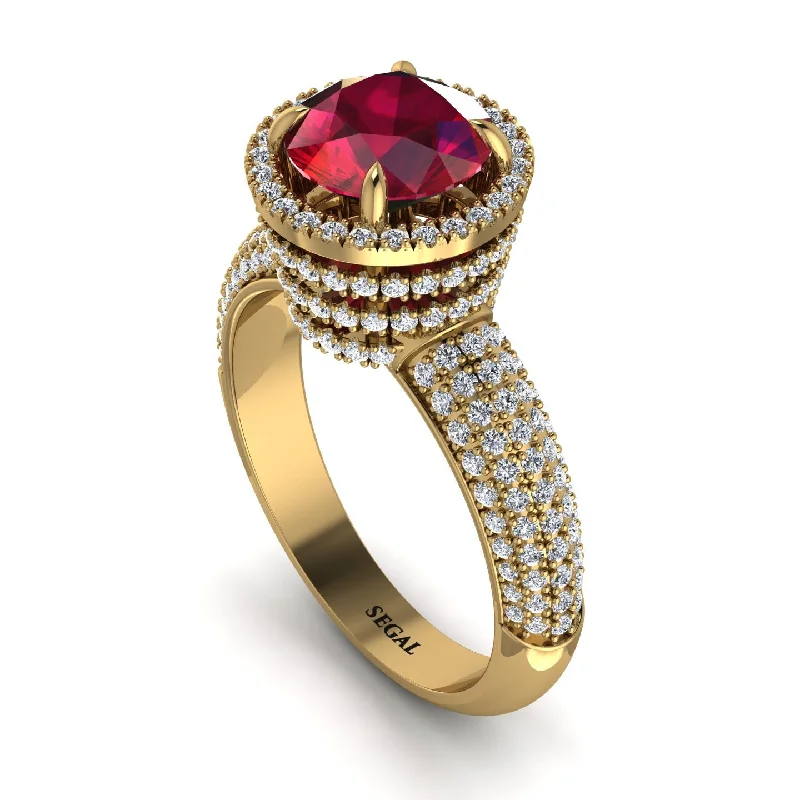 Personalized Family Rings For Special Occasions-Ruby Cluster Halo Engagement Ring - Katie No. 10