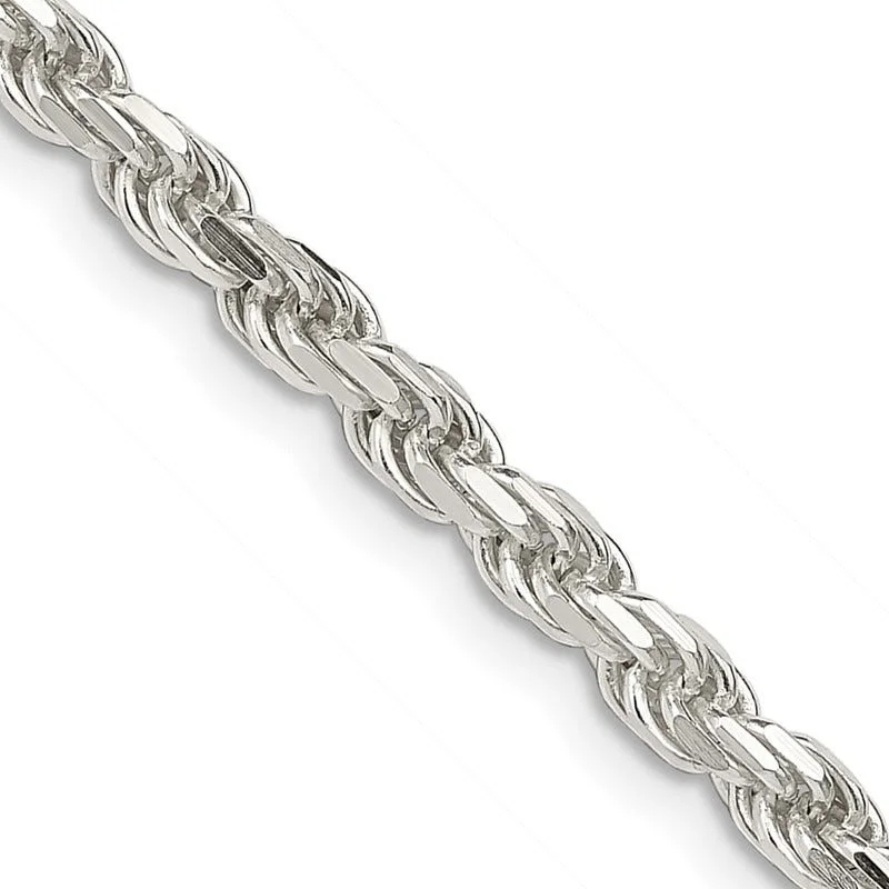 Sterling Silver Necklaces For Sensitive Skin-Sterling Silver 3.5mm Diamond-cut Rope Chain Necklace