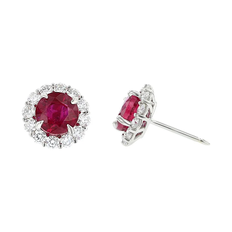 Large Statement Earrings For Parties-18K White Gold Mozambique Ruby and Diamond Stud Earrings