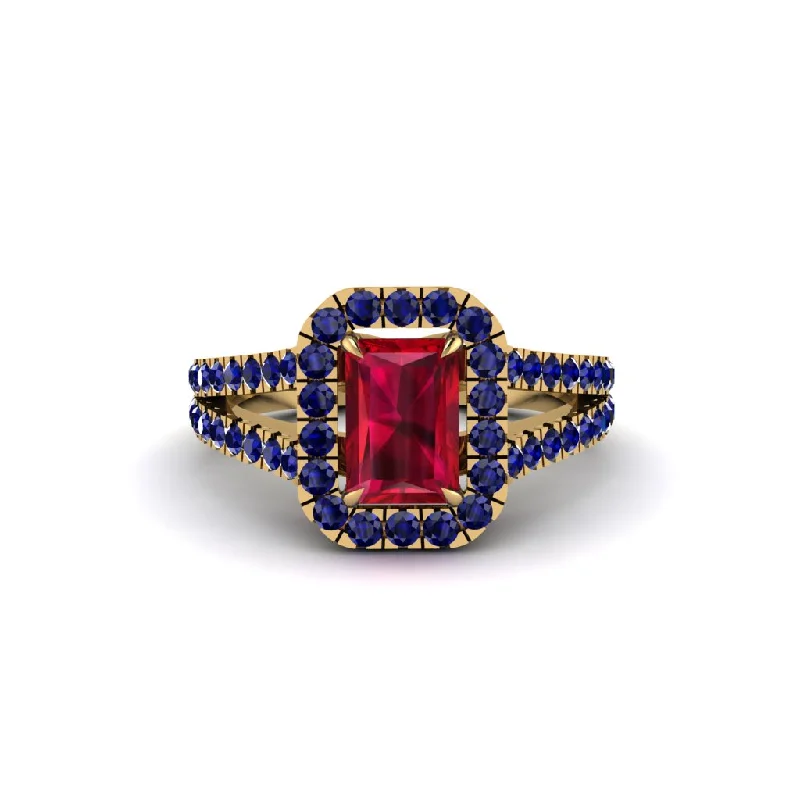 Custom Gold Rings For Special Occasions-Radiant Cut Ruby Halo Split Shank Engagement Ring - Lainey No. 70