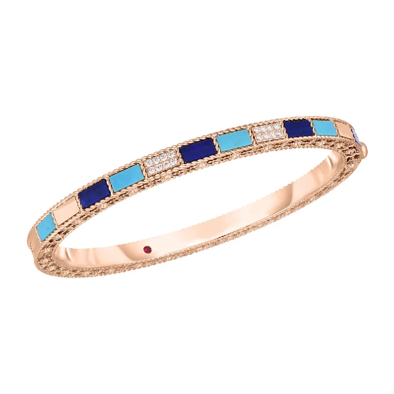 Bangles With Luxe Touch-18K Rose Gold Mosaic Alternating Blue Lapis, Diamond and Turquoise Bangle