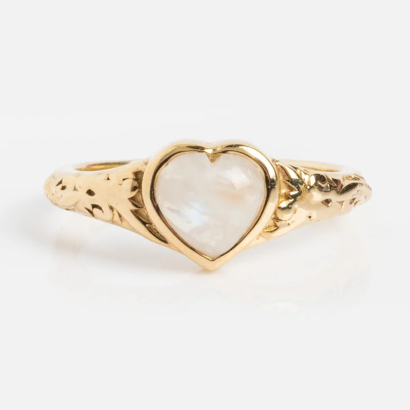 Elegant Rose Gold Rings For Special Occasions-Solid Gold Rainbow Moonstone Heart Filigree Signet Ring