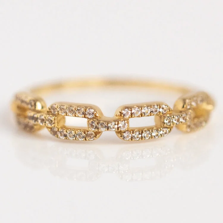 Dainty Gold Rings For Elegant Fashion-Solid Gold White Sapphire Chunky Chain Link Ring