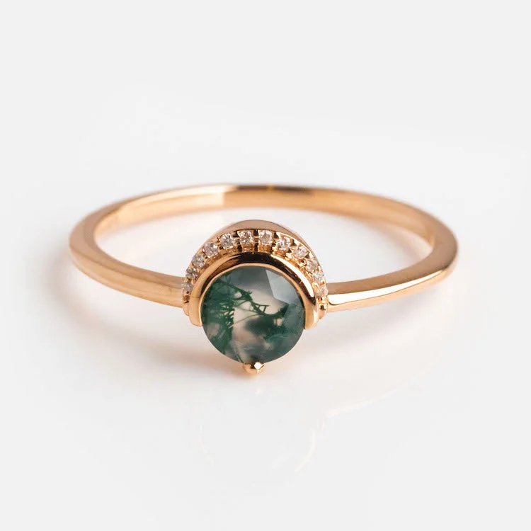 Beautiful Birthstone Rings For Personalized Gifts-9kt Rose Gold Diamond and Moss Agate Celestial Sky Ring