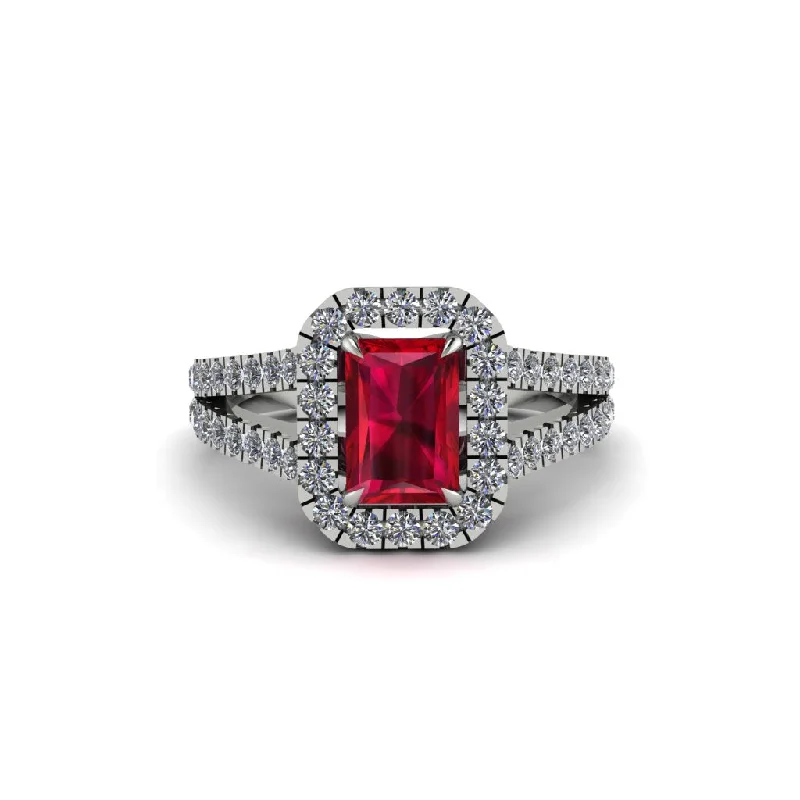 Stunning Pearl Rings For Elegant Wear-Radiant Cut Ruby Halo Split Shank Engagement Ring - Lainey No. 12