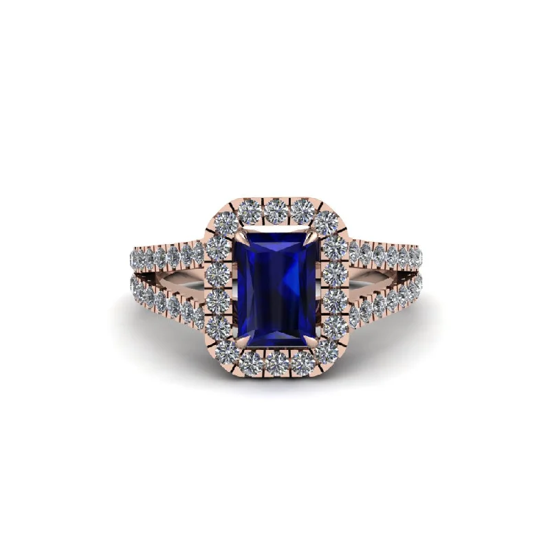 Customizable Couple Rings For Romantic Gifts-Radiant Cut Sapphire Halo Split Shank Engagement Ring - Lainey No. 14