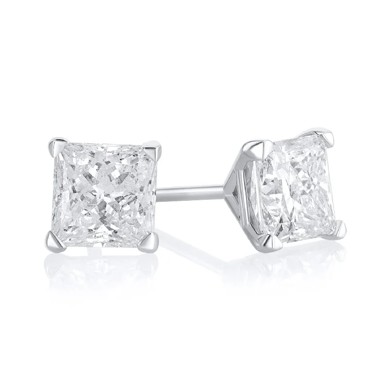 Stunning Gold Earrings For Special Occasions-1.57 Carat Princess Lab Grown Diamond Studs in 14K White Gold