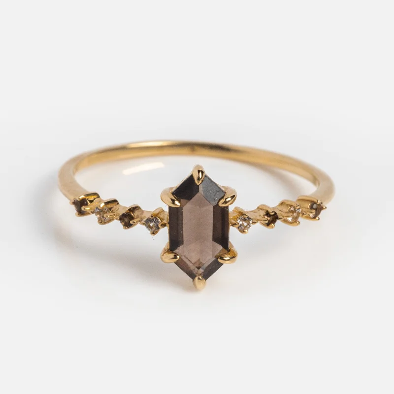 Custom Zodiac Rings For Personalized Gifts-Solid Gold Smoky Quartz Hexagon Ring for Courage