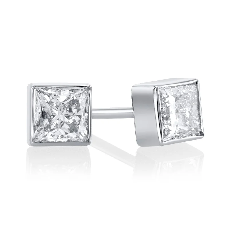 Fashionable Resin Earrings For Summer Look-.64 Carat Bezel Princess Lab Grown Diamond Studs in 14K White Gold