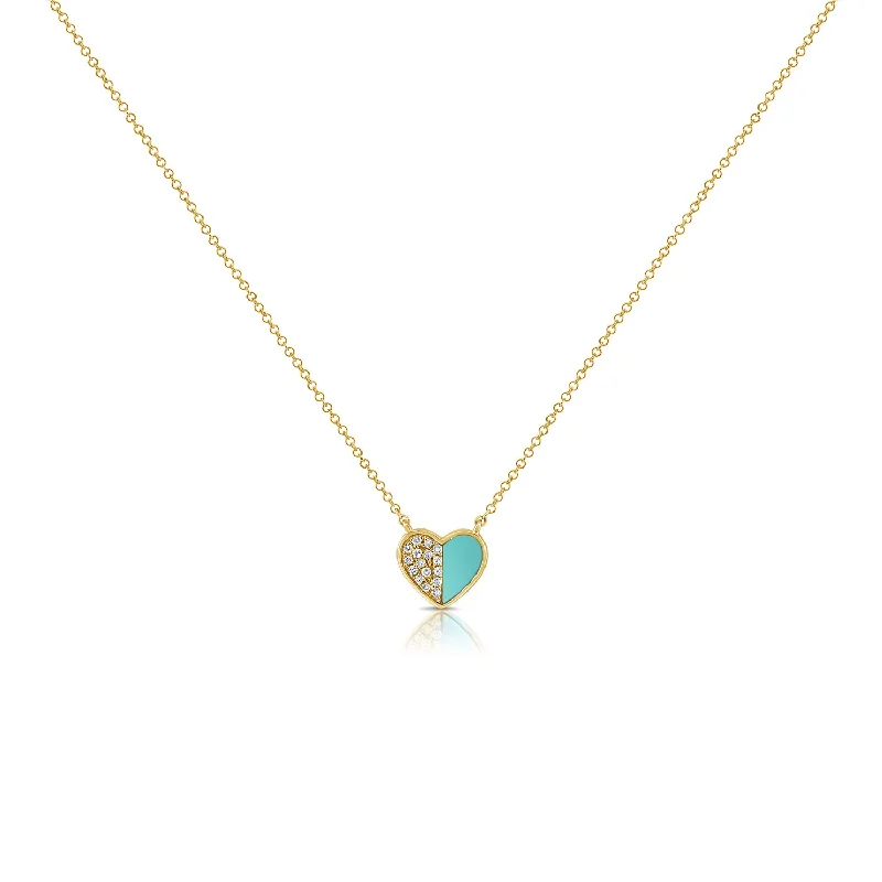 Elegant Silver Necklace For Bridal Jewelry-14K Gold Heart Necklace with Turquoise & Diamond Accents