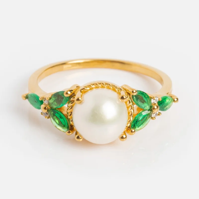 Custom Initial Rings For Unique Gifts-Vintage Inspired Green CZ and Pearl Statement Ring