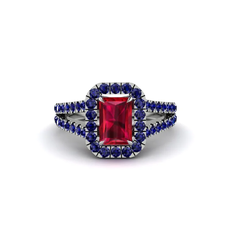 Trendy Stackable Wedding Rings For Brides-Radiant Cut Ruby Halo Split Shank Engagement Ring - Lainey No. 72