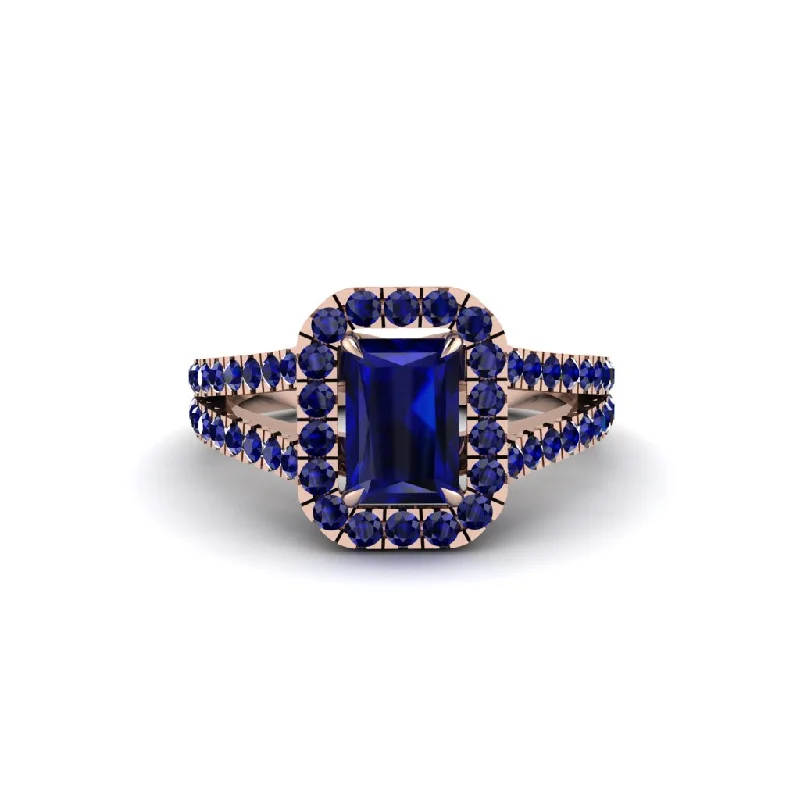 Custom Rings For Bridesmaids Gifts-Radiant Cut Sapphire Halo Split Shank Engagement Ring - Lainey No. 74