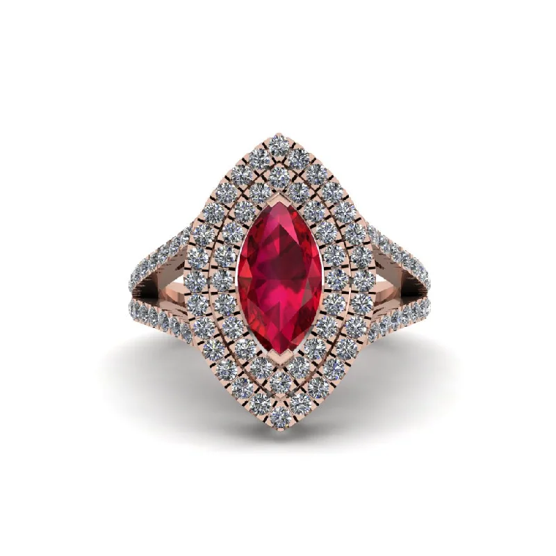 Vintage Wedding Rings For Non-Traditional Brides-Marquise Ruby Double Halo Engagement Ring - Avah No. 11