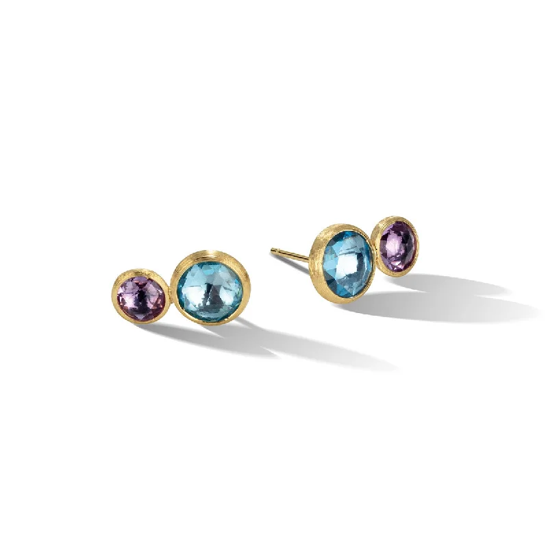 Simple Gold Earrings For Timeless Style-18K Yellow Gold Blue Topaz and Amethyst Stud Earrings