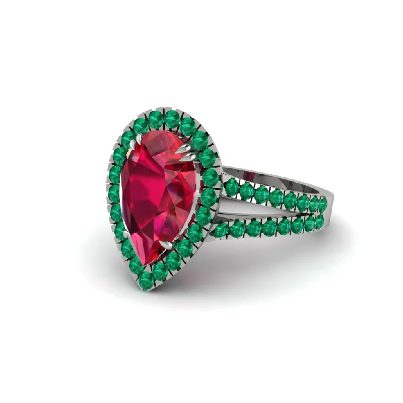 Beautiful Birthstone Rings For Every Month-Pear Ruby Halo Split Shank Engagement Ring - Helena No. 27