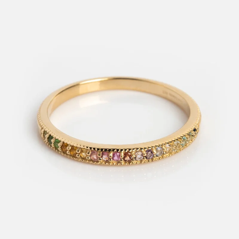 Customizable Birthstone Rings For Custom Gifts-Solid Gold Live by the Sun Rainbow Ring