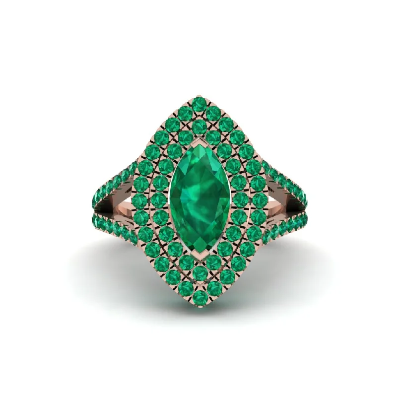 Unique Silver Engagement Rings For Brides-Marquise Emerald Double Halo Engagement Ring - Avah No. 20