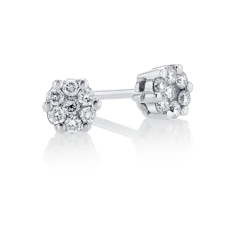 Geometric Drop Earrings For Modern Fashion-0.20 Cttw Round Diamond Flower 18K White Gold Stud Earrings