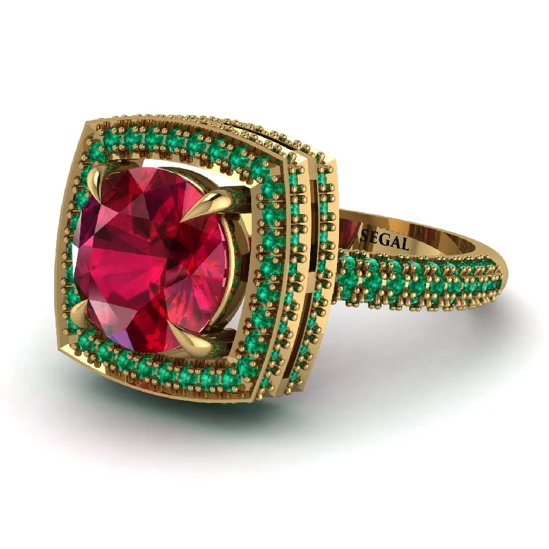 Statement Gold Rings For Fashion Enthusiasts-Round Ruby Double Halo Engagement Ring - Kayleigh No. 25