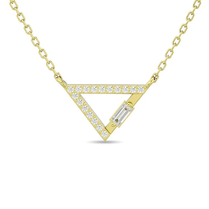 Personalized Long Necklaces For Custom Gifts-Diamond 1/6 ct tw Round and Baguette Tringle Necklace  in 10K Yellow Gold