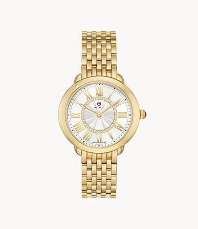 Watches For Graduation Parties-Michele Serein Mid 18k Gold-Plated Diamond Dial Watch