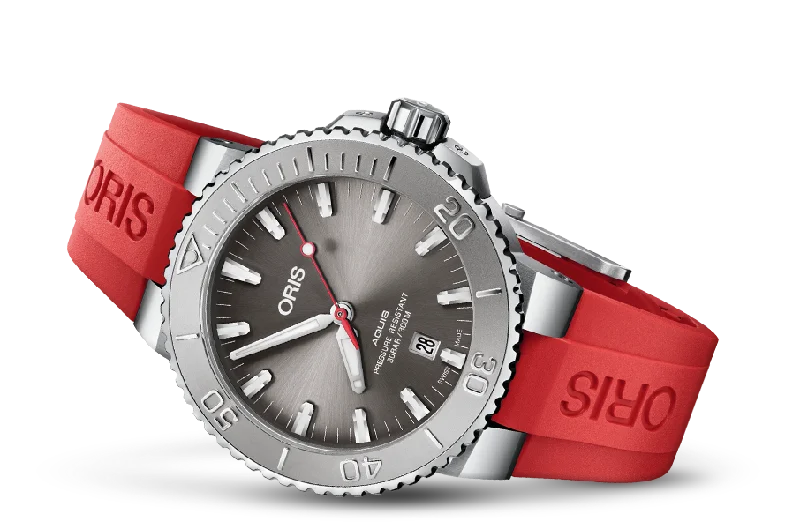 Watches For Year-round Wear-Oris Aquis Date Relief 43.5Mm, Grey Dial, Caoutchouc Red Strap