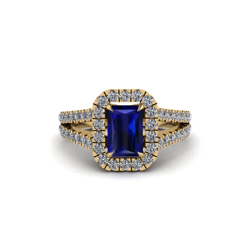 Personalized Promise Rings For Special Occasions-Radiant Cut Sapphire Halo Split Shank Engagement Ring - Lainey No. 13