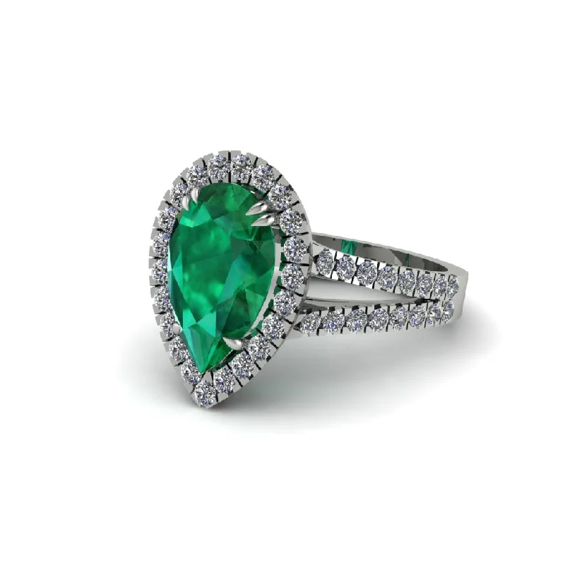 Statement Gold Rings For Fashion Enthusiasts-Pear Emerald Halo Split Shank Engagement Ring - Helena No. 6