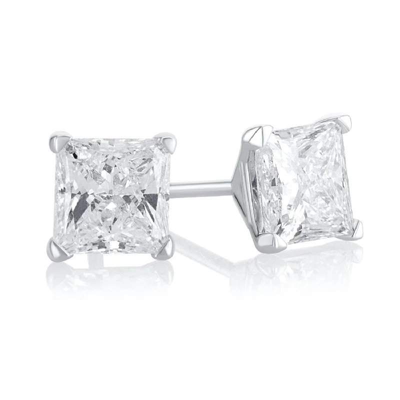 Beautiful Gold Earrings For Weddings-1.70 Carat Princess Lab Grown Diamond Studs in 14K White Gold