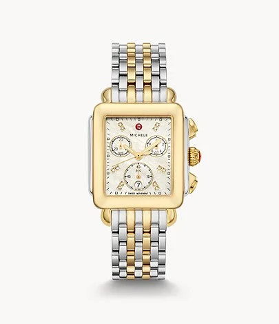 Watches With Diamond Accents-Michele Deco Two-Tone 18K Gold Diamond Dial Watch