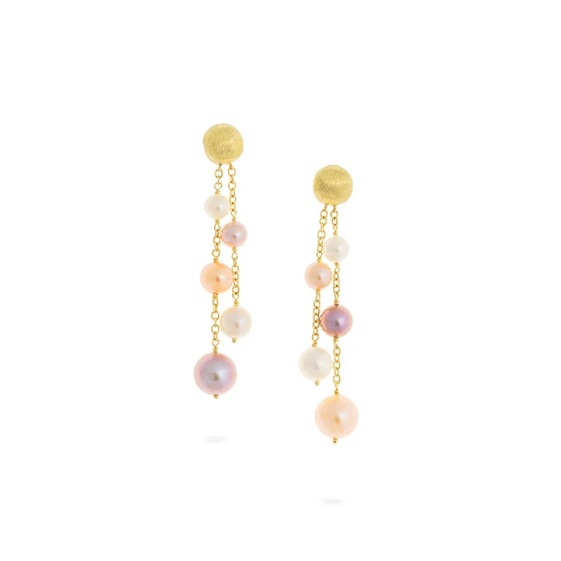 Classic Drop Earrings For Evening Wear-18K Yellow Gold and Pearl Two Strand Drop Earrings