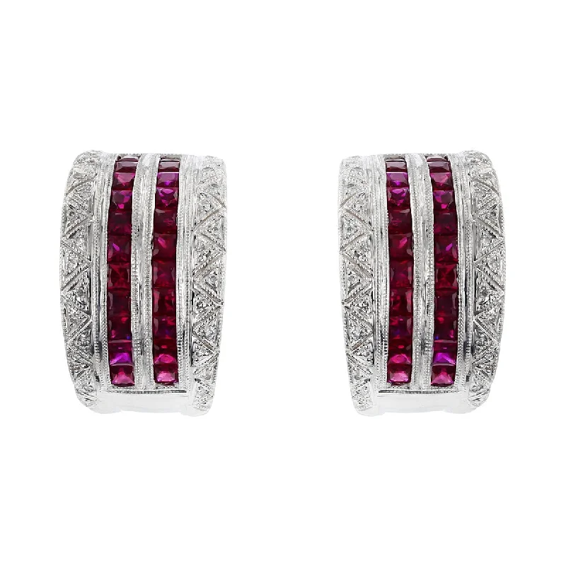 Elegant Earrings For Formal Occasions-18K White Gold Ruby and Diamond 4 Row Earrings