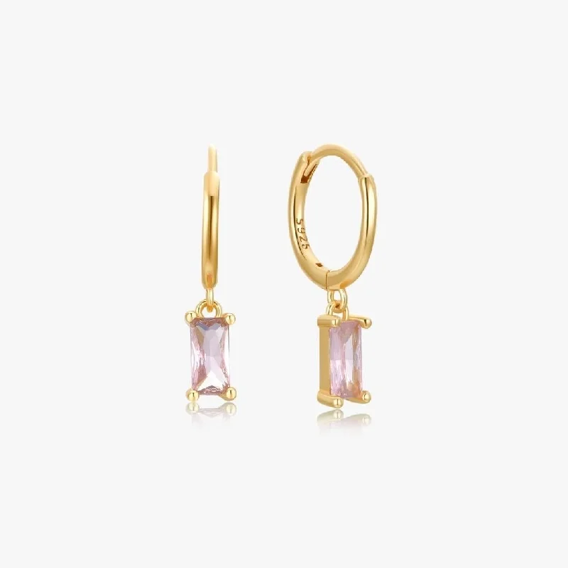 Wooden Hoop Earrings For Eco-Friendly Style-Pink Rectangle Huggies in Gold