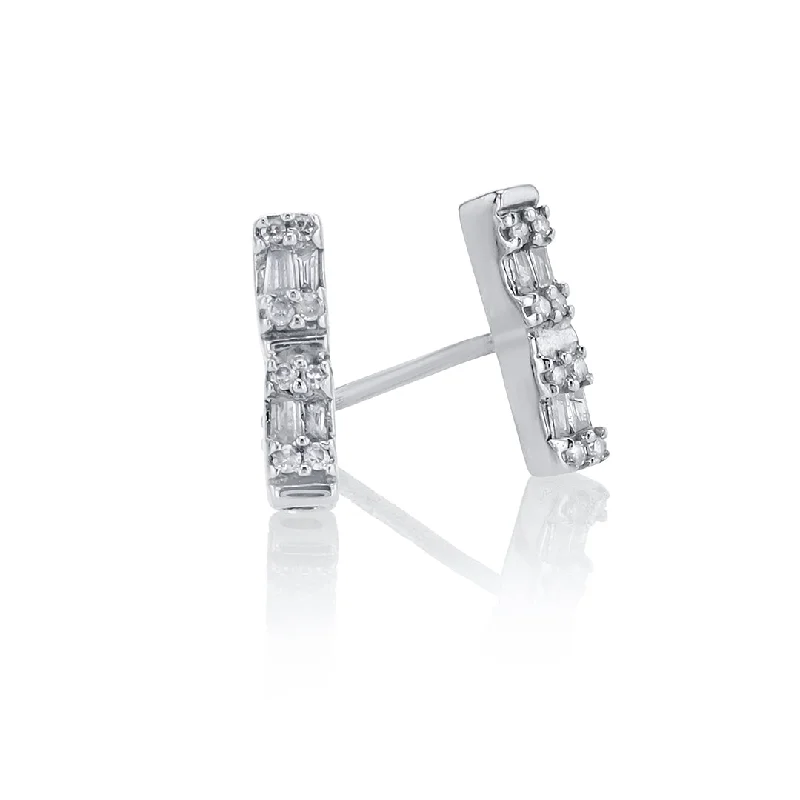 Classic Silver Earrings For Simple Style-0.20 CT Round and Baguette Diamond Bar Stud Earrings